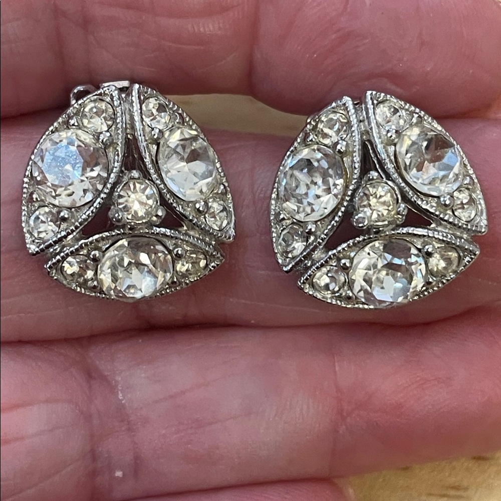 Bogoff Silver Clip-On Rhinestone Earrings round with three divisions of stones